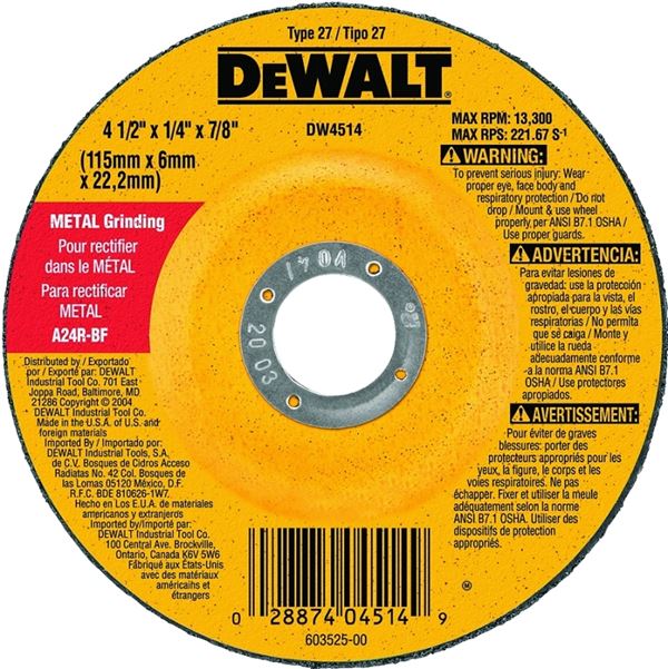 DeWALT DW4514 Grinding Wheel, 4-1/2 in Dia, 1/4 in Thick, 7/8 in Arbor, 24 Grit, Very Coarse