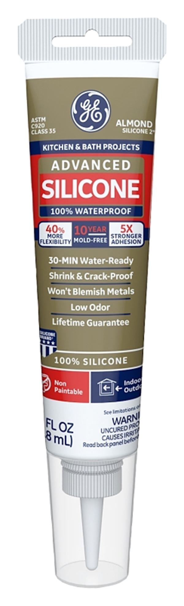 GE Advanced Silicone 2 2816708 Kitchen & Bath Sealant, Almond, 24 hr Curing, 2.8 fl-oz Squeeze Tube