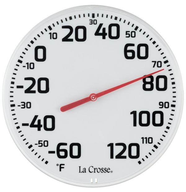 La Crosse 104-1522-TBP Round Thermometer, 8-1/2 in Display, Analog, -60 to 120 deg F, Plastic Casing, White Casing