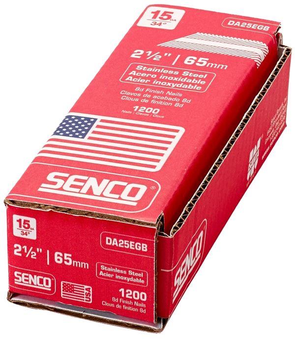 Senco DA25EGB Finish Nail, 2-1/2 in L, 15, Steel, Stainless Steel, Brad Head, Smooth Shank