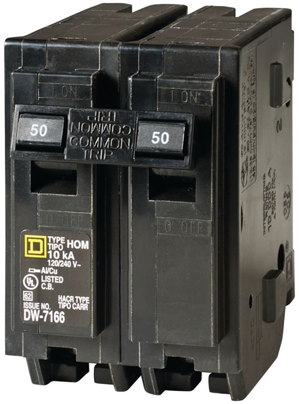 Square D Homeline HOM250C Circuit Breaker, Mini, 50 A, 2 -Pole, 120/240 V, Plug Mounting, Black