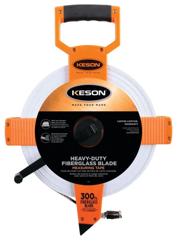 Keson OTR18300 Tape Measure, 300 ft L Blade, 1/2 in W Blade, Fiberglass Blade, ABS Case, Pumpkin Case