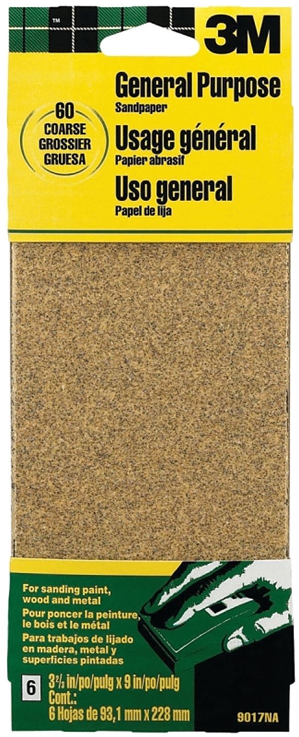 3M 9017 Sandpaper Sheet, 9 in L, 3.66 in W, Coarse, 60 Grit, Aluminum Oxide Abrasive, Paper Backing