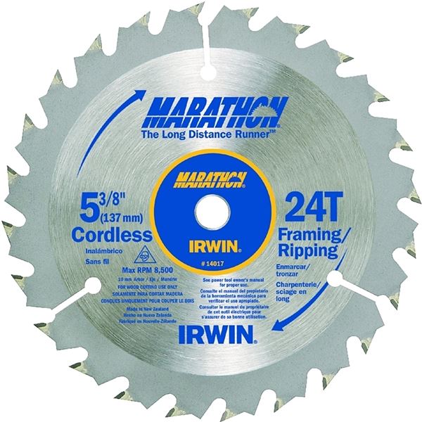 Irwin Marathon 14017 Circular Saw Blade, 5-3/8 in Dia, 0.39 in Arbor, 24-Teeth, Carbide Cutting Edge