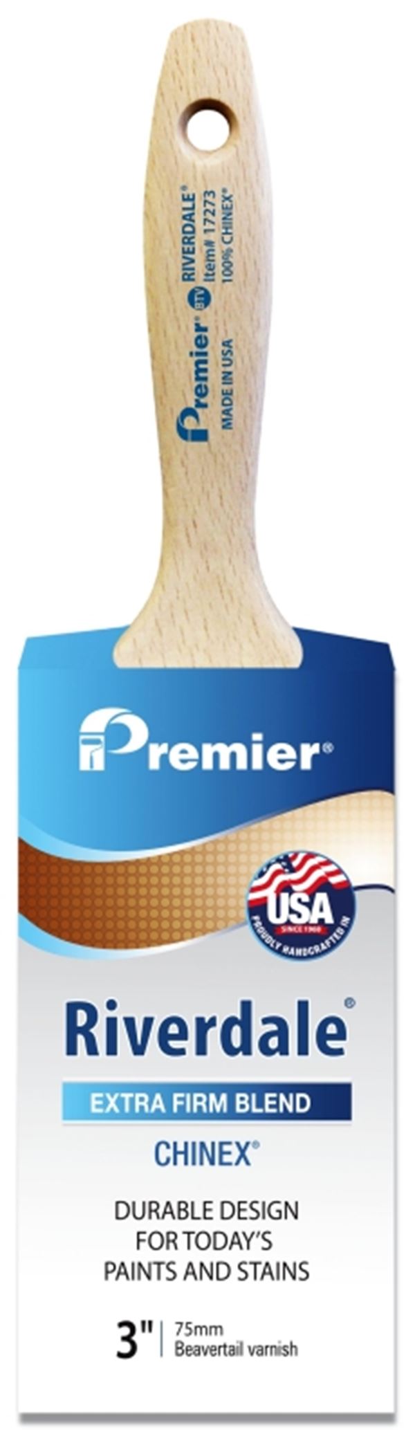 Premier Riverdale 17273 Paint Brush, 3 in W, Beavertail Varnish Brush, 3-3/16 in L Bristle, Chinex Bristle