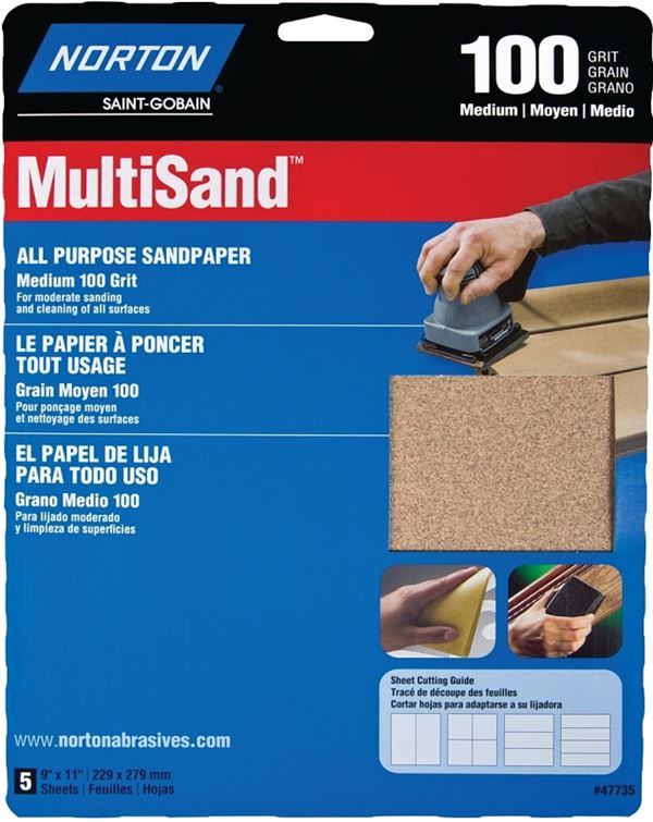 Norton MultiSand 07660747735 Abrasive Sheet, 11 in L, 9 in W, Medium, P100 Grit, Aluminum Oxide Abrasive, Paper Backing