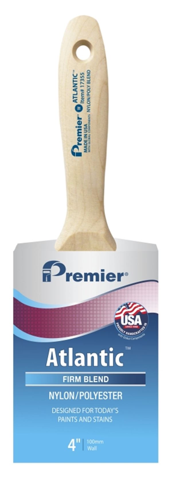 Premier Atlantic 17355 Paint Brush, 4 in W, Beavertail Varnish Wall Brush, 3-11/16 in L Bristle, Nylon/Polyester Bristle