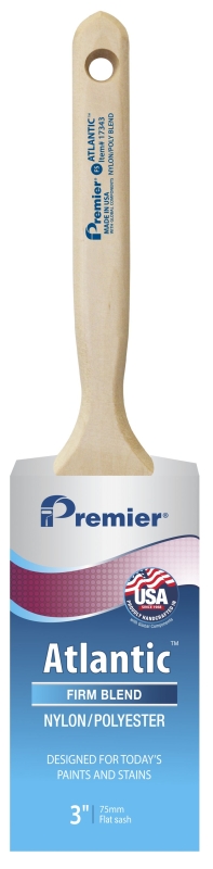 Premier Atlantic 17343 Paint Brush, 3 in W, Flat Sash Brush, 3-3/16 in L Bristle, Nylon/Polyester Bristle