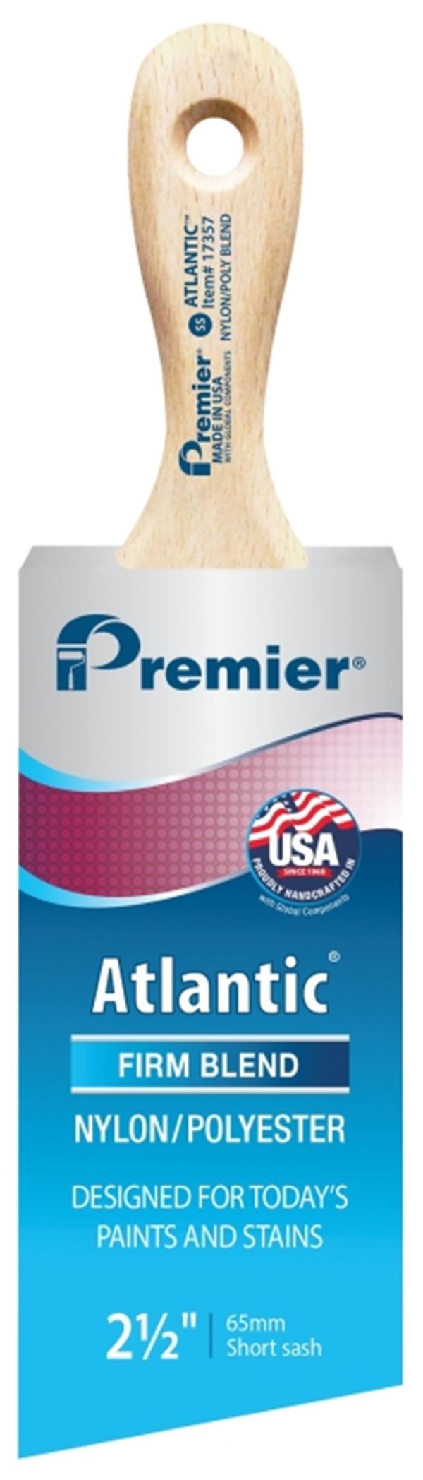 Premier Atlantic 17357 Paint Brush, 2-1/2 in W, Short Sash Brush, 2-15/16 in L Bristle, Nylon/Polyester Bristle