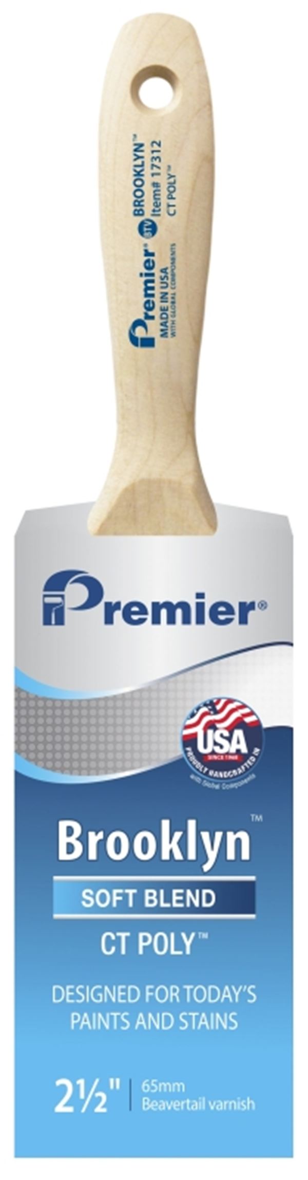 Premier Brooklyn 17312 Paint Brush, 2-1/2 in W, Beavertail Varnish Brush, 3 in L Bristle, Polyester Bristle