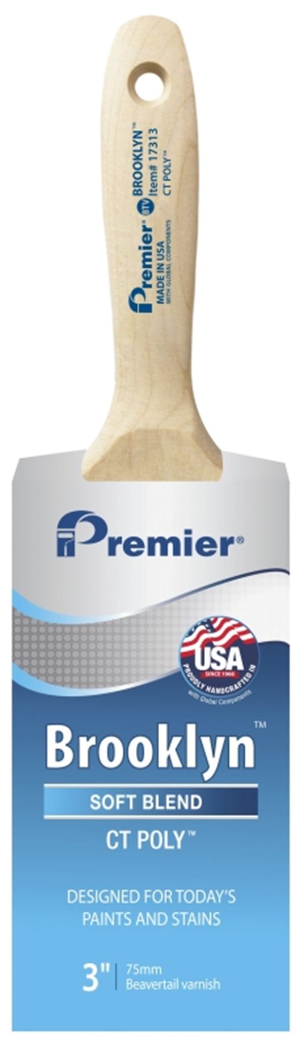 Premier Brooklyn 17313 Paint Brush, 3 in W, Beavertail Varnish Brush, 3 in L Bristle, Polyester Bristle