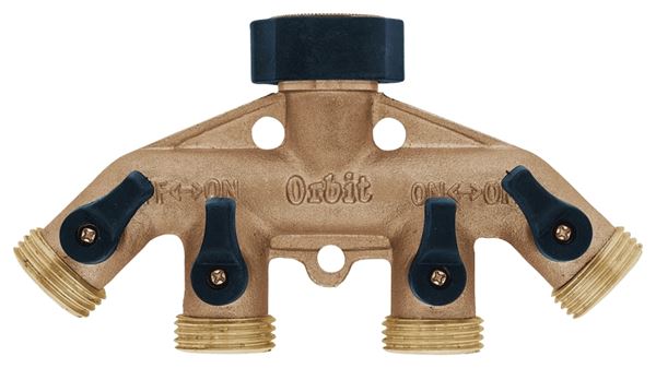 Orbit 62010N Hose Faucet Manifold, 3/4 in Swivel x MHT, 4-Port/Way, Brass