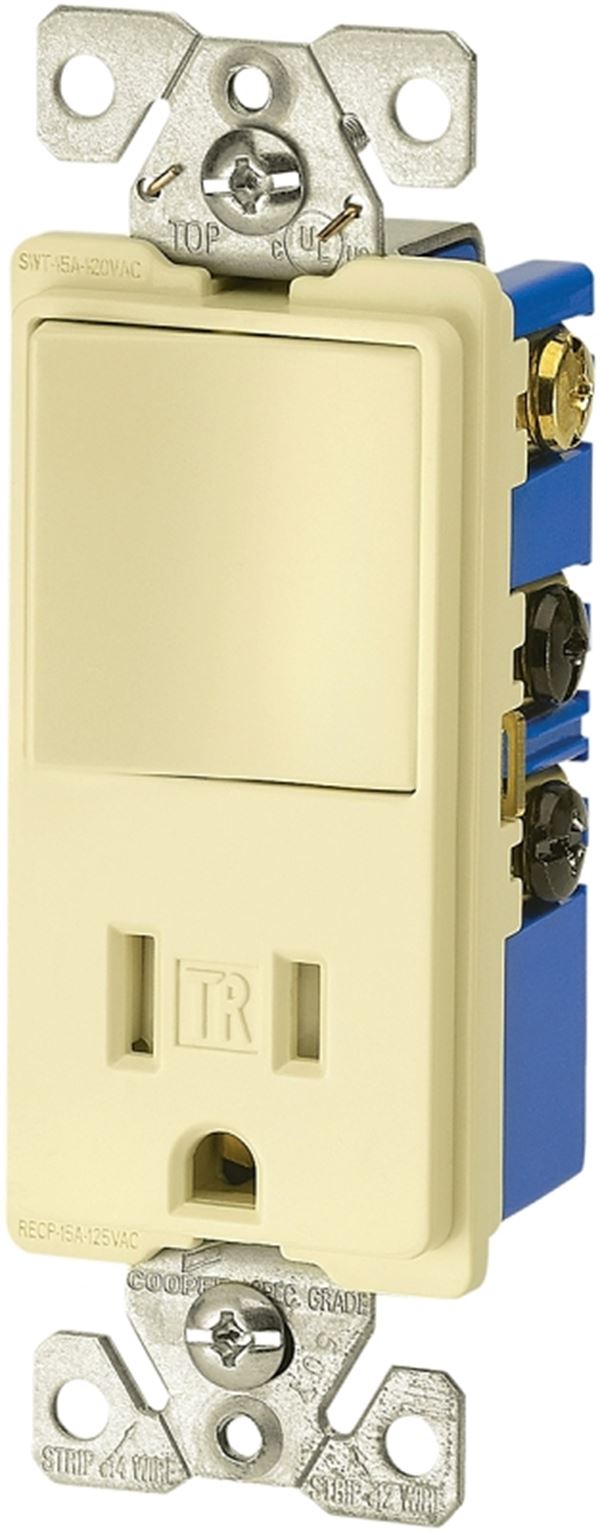 Eaton Cooper Wiring TR7730V Combination Switch/Receptacle, 1 -Pole, 15 A, 120/277 V, Ivory