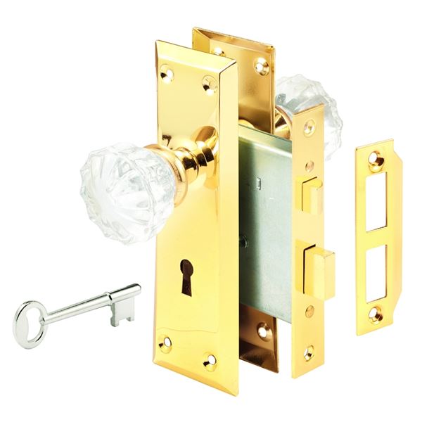 Defender Security E 2311 Lockset, Keyed, Skeleton Key, Glass/Steel, Polished Brass