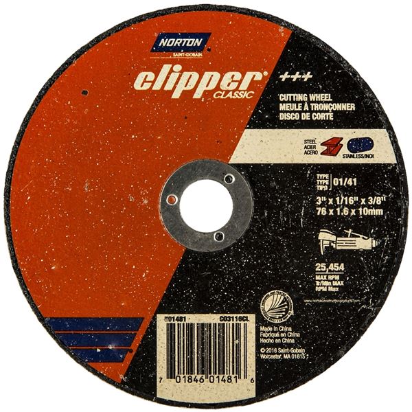 Norton Clipper Classic A AO Series 70184601481 Cut-Off Wheel, 3 in Dia, 1/16 in Thick, 3/8 in Arbor