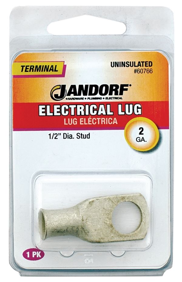 Jandorf 60766 Electrical Lug, 2 AWG Wire, 1/2 in Stud, Copper Contact