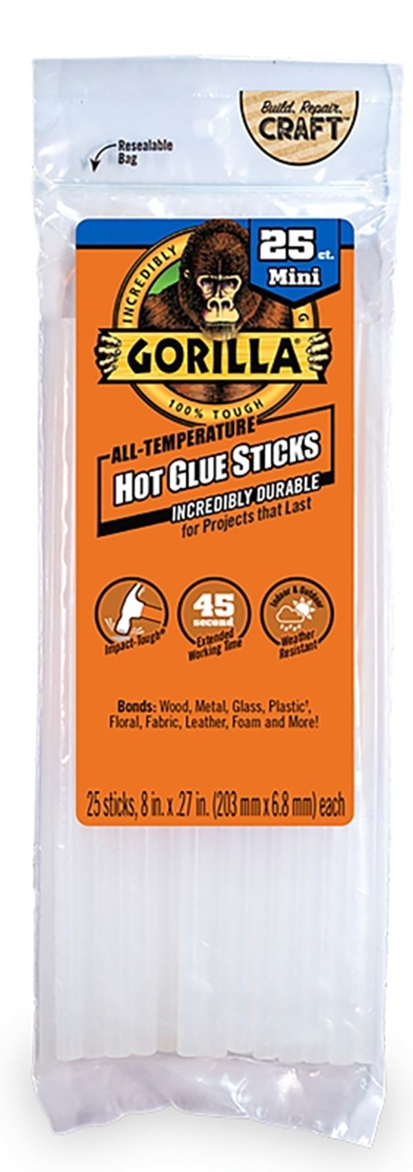 Gorilla 3022502 Hot Glue Stick, Clear, Pack of 4