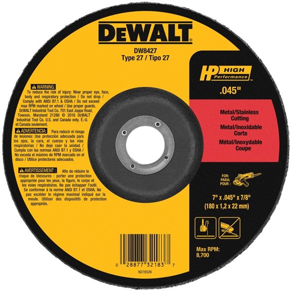 DeWALT DW8427 Cutting Wheel, 7 in Dia, 0.045 in Thick, 7/8 in Arbor, Medium, Aluminum Oxide Abrasive