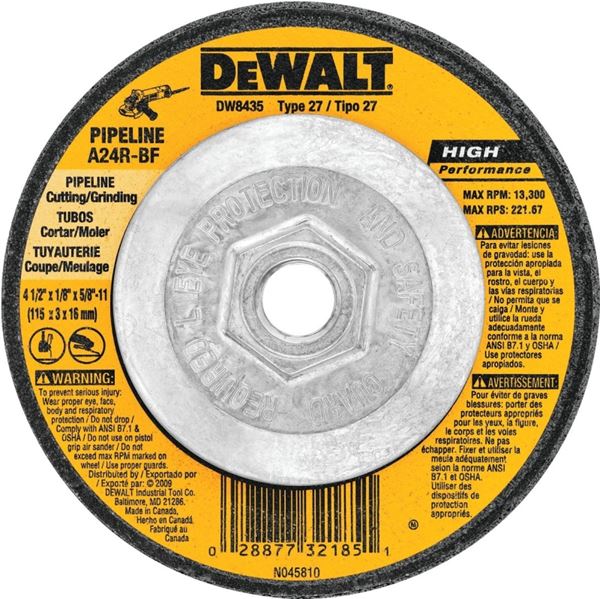 DeWALT DW8435 Grinding Wheel, 4-1/2 in Dia, 1/8 in Thick, 5/8-11 in Arbor, 24 Grit, Very Coarse