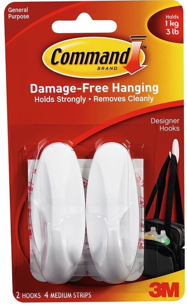 Command 17081 Designer Hook, 5/8 in Opening, 3 lb, 2-Hook, Plastic, White, 2/PK, Pack of 6