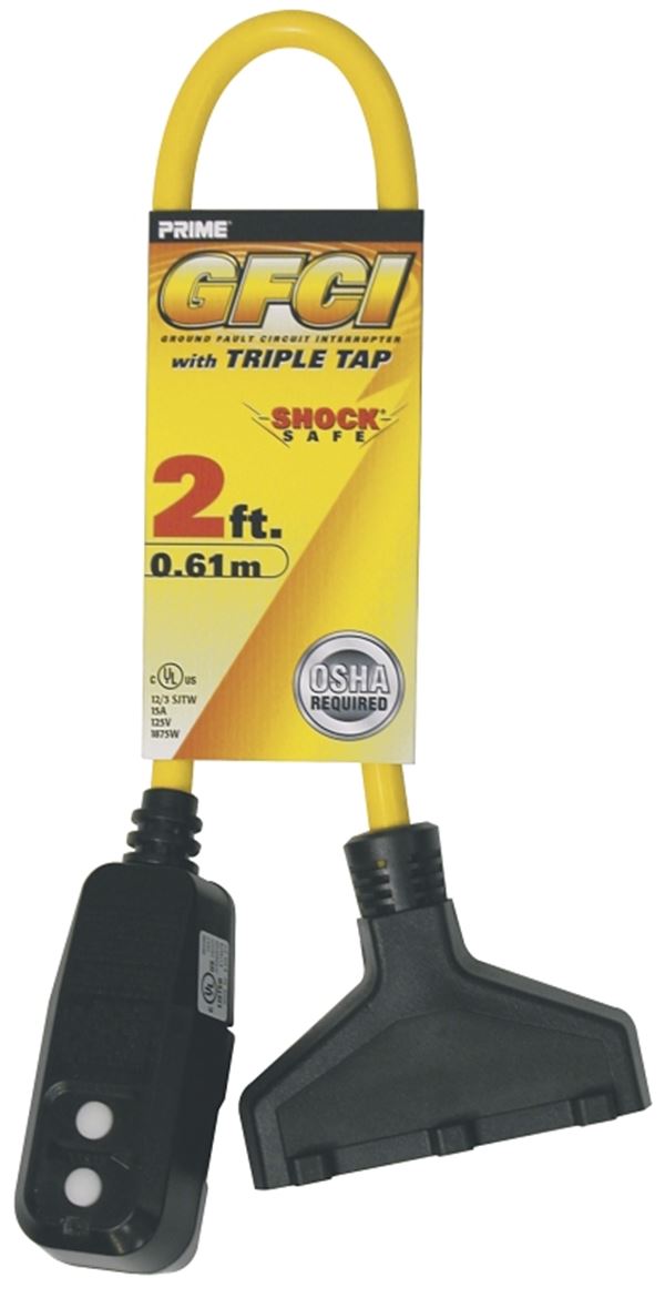 Prime GF420802 Triple Tap Adapter, 2 ft Cable, Female, Male, 15 A, 125 V, Yellow