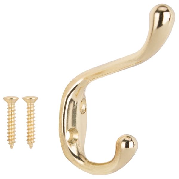 ProSource H6271007PB-PS Coat and Hat Hook, 22 lb, 2-Hook, 1-1/64 in Opening, Zinc, Polished Brass