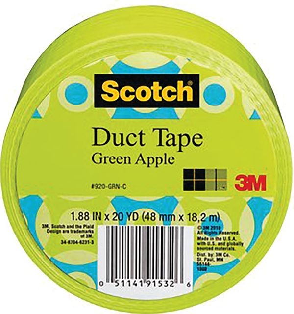 3M 920-GRN-C Duct Tape, 20 yd L, 1.88 in W, Cloth Backing, Green Apple