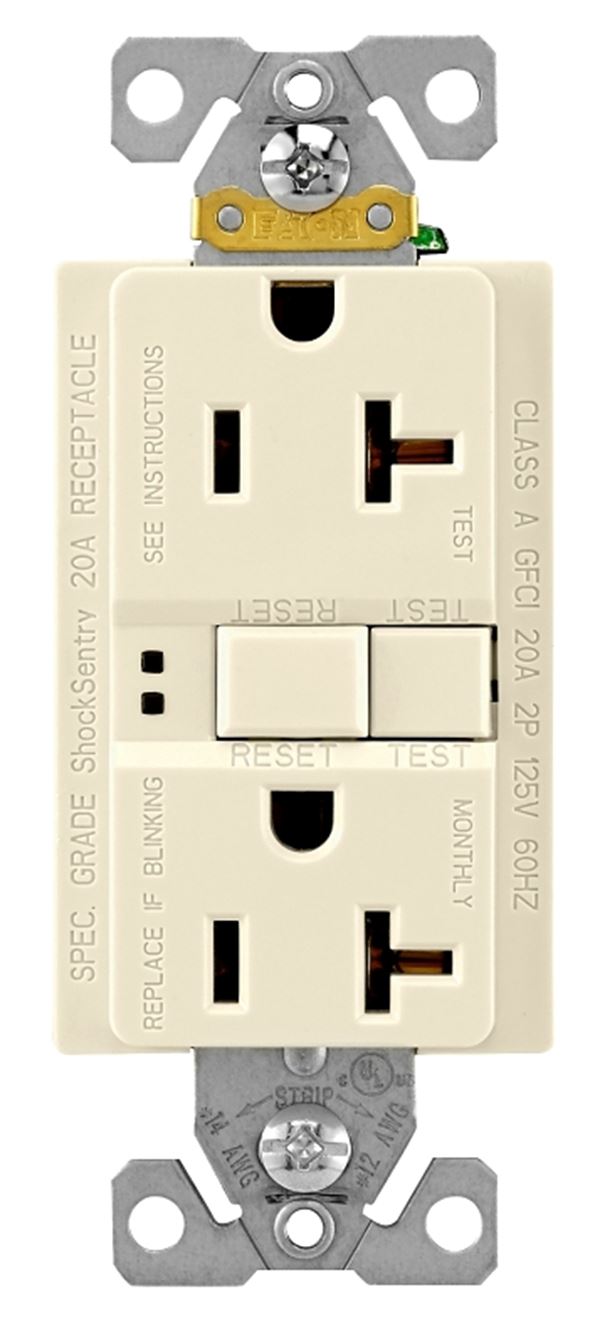 Eaton Wiring Devices SGF20LA GFCI Duplex Receptacle, 2 -Pole, 20 A, 125 V, Back, Side Wiring, NEMA: 5-20R