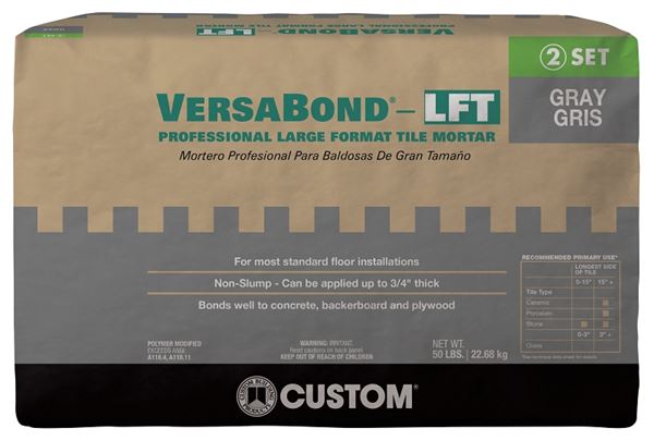 Custom VersaBond Series VBLFTMG50 Tile Mortar, Gray, Solid, 50 lb, Bag