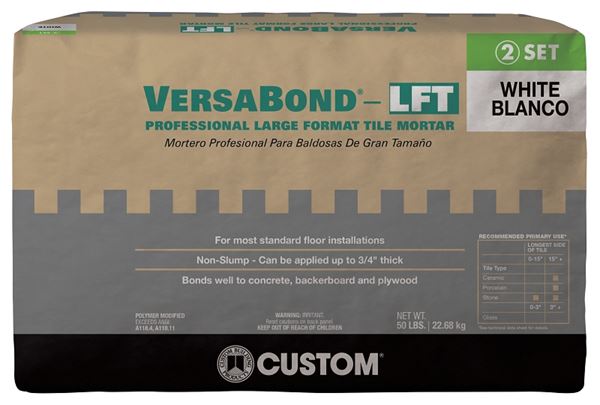 Custom VersaBond Series VBLFTMW50 Tile Mortar, White, Solid, 50 lb, Bag