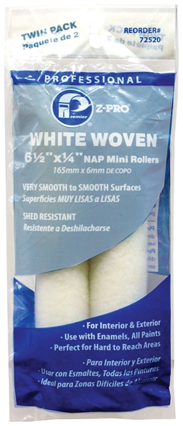 Premier 72520 Mini Roller Cover, 1/4 in Thick Nap, 6-1/2 in L, Fabric Cover, White