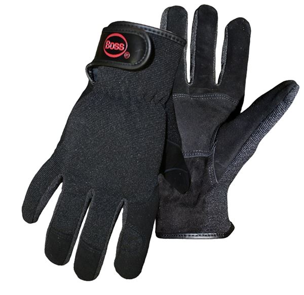 Boss GUARD 4043X Mechanic Gloves, Unisex, XL, Open, Shirred Elastic Back Cuff, Goatskin Leather/Spandex, Black