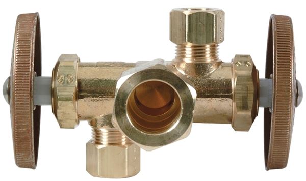 BrassCraft CR1900DVXR Stop Valve, 1/2 x 3/8 x 1/4 in Connection, Compression, 125 psi Pressure, Brass Body