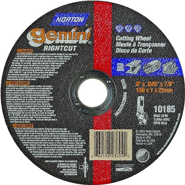 Norton 66252823604 Cut-Off Wheel, 6 in Dia, 0.045 in Thick, 7/8 in Arbor, 36 Grit, Coarse, Aluminum Oxide Abrasive