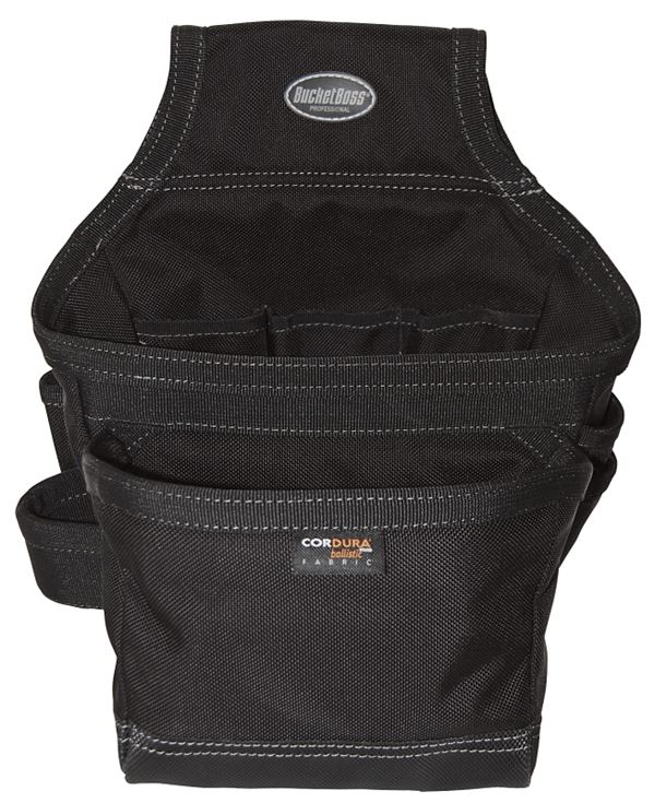 Bucket Boss 57200 Ballistic Carpenter's Pouch, 12-Pocket, Fabric, Black, 12 in W, 12 in H, 7 in D