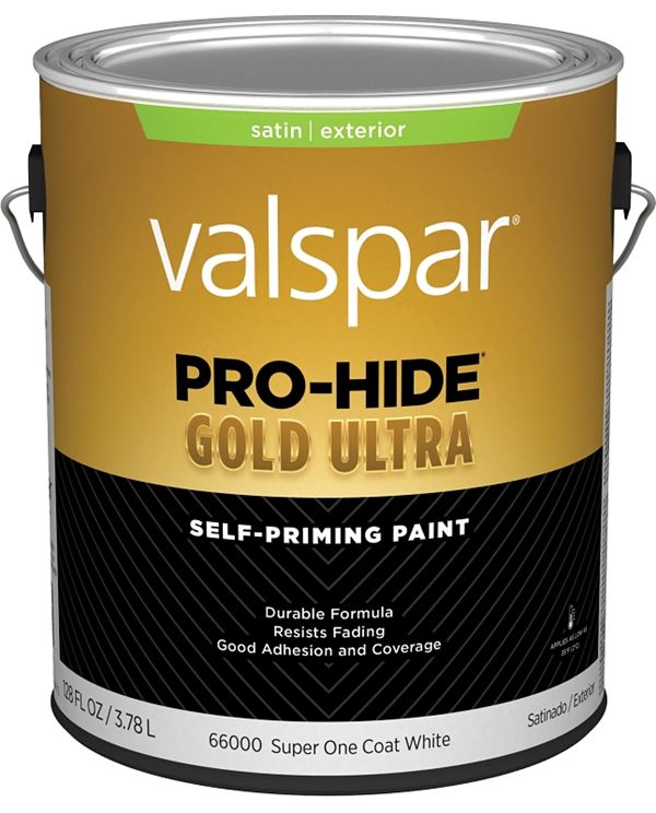 Valspar Pro-Hide Gold Ultra 6600 028.0066000.007 Latex Paint, Acrylic Base, Satin Sheen, Super One Coat White, 1 gal, Pack of 4