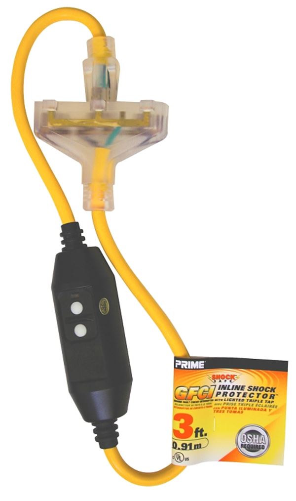 Prime GF320803 Triple Tap Adapter, 3 ft Cable, 15 A, 125 V, Yellow