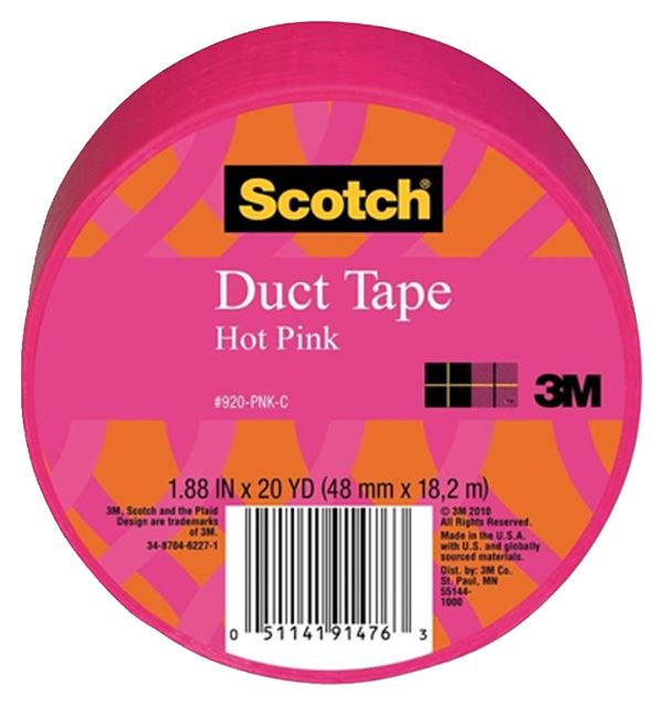 3M 920-PNK-C Duct Tape, 20 yd L, 1.88 in W, Cloth Backing, Hot Pink