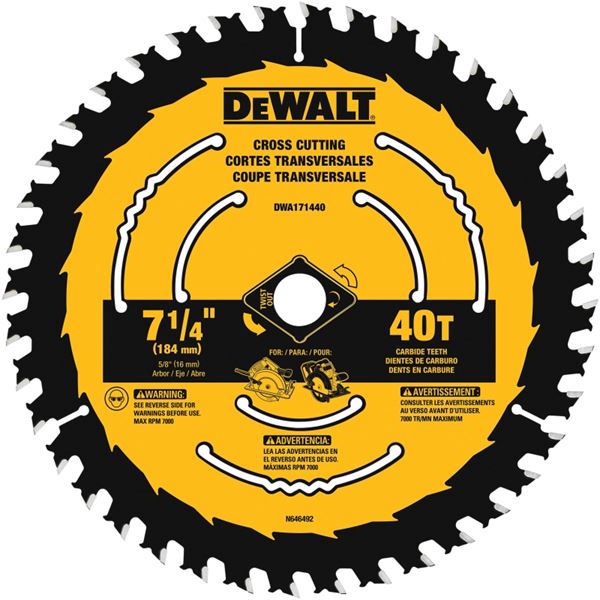 DeWALT DWA171440B10 Circular Saw Blade, 7-1/4 in Dia, 5/8 in Arbor, 40-Teeth, Tungsten Carbide Cutting Edge, Pack of 10