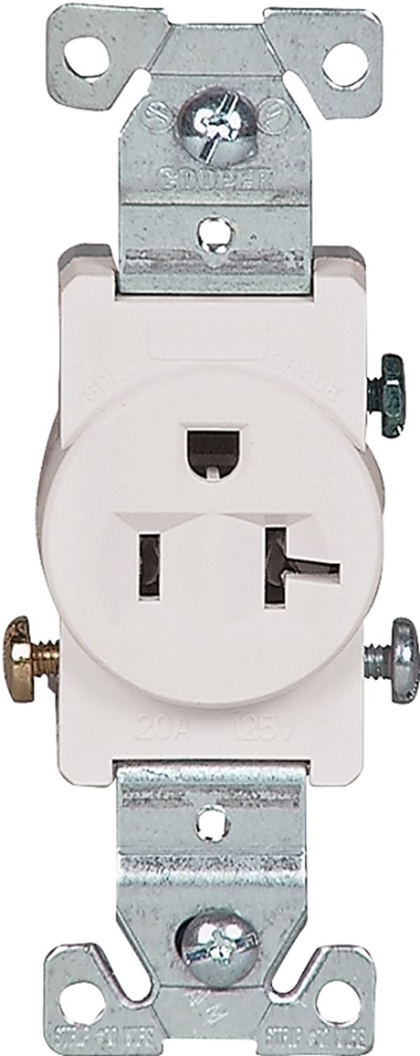 Eaton Wiring Devices 1877W-BOX Single Receptacle, 2 -Pole, 125 V, 20 A, Side Wiring, NEMA: NEMA 5-20R, White