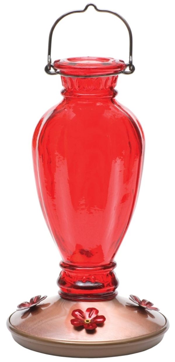 Perky-Pet 8133-2 Bird Feeder, Daisy Vase Vintage, 18 oz, 4-Port/Perch, Glass, Red, 12.7 in H