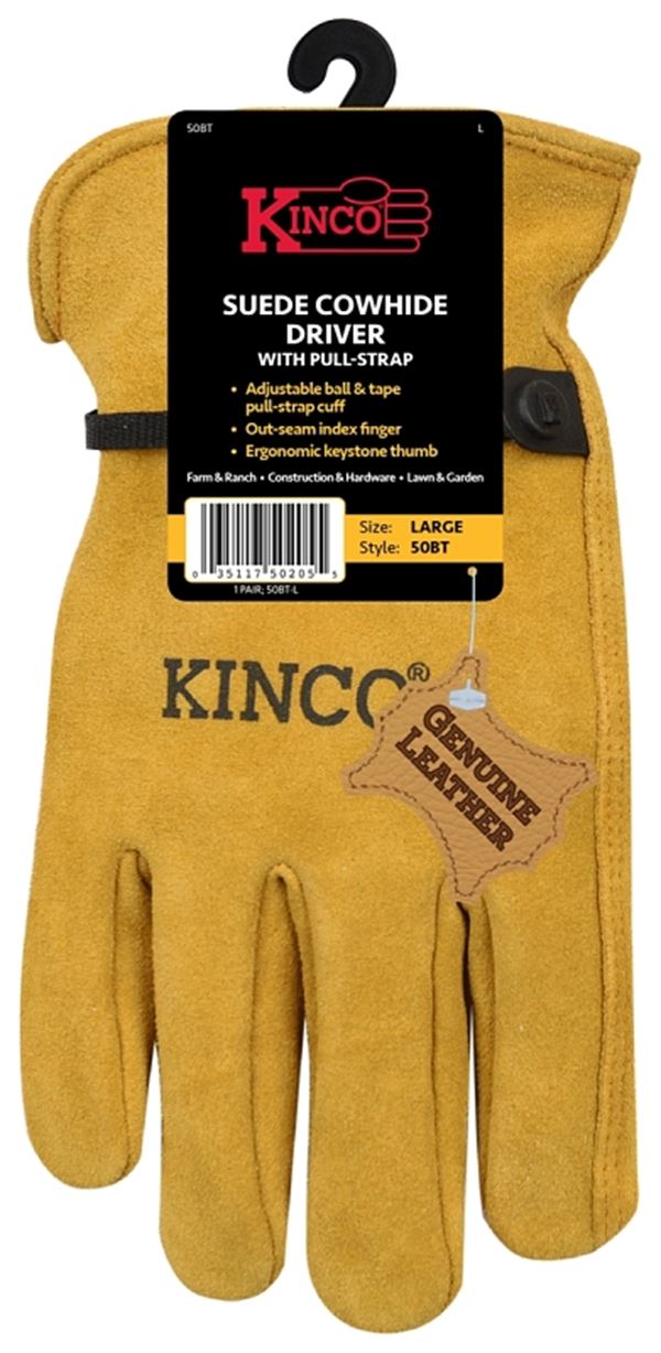 Kinco 50BT-M Driver Gloves, Men's, M, Keystone Thumb, Ball and Tape Cuff, Suede Cowhide Leather, Gold