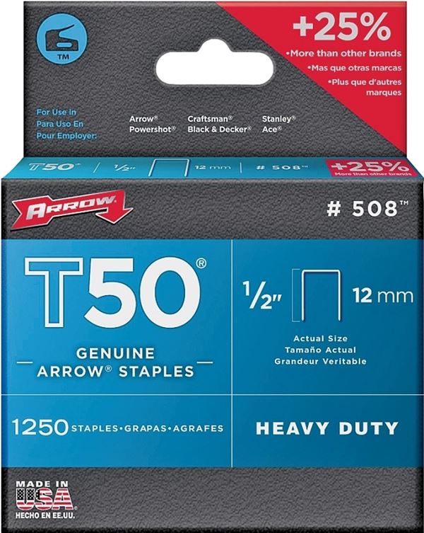 Arrow T50 Series 50824 Staple, 3/8 in W Crown, 1/2 in L Leg, Pack of 4