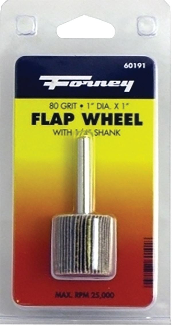 Forney 60191 Flap Wheel, 1 in Dia, 1 in Thick, 1/4 in Arbor, 80 Grit, Aluminum Oxide Abrasive