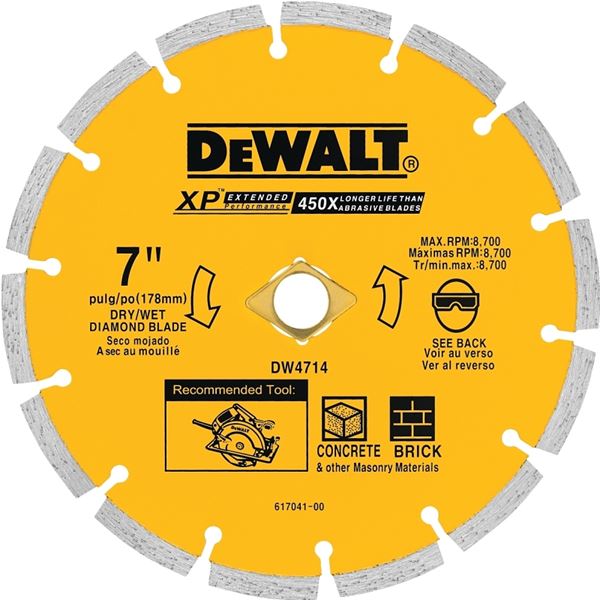 DeWALT DW4714T Circular Saw Blade, 7 in Dia, 5/8 in Arbor, Diamond Cutting Edge, Applicable Materials: Masonry