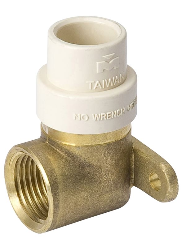 B & K 440-030NL Drop Ear Pipe Elbow, 1/2 in, FIP x Solvent, 90 deg Angle, Brass/CPVC