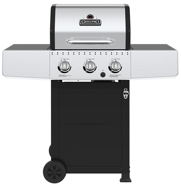 GrillPro 241154 Gas Grill, 30,000 Btu, Liquid Propane, 3-Burner, 330 sq-in Primary Cooking Surface, Black