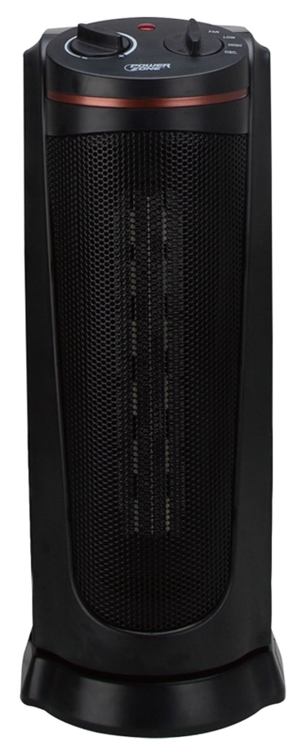 PowerZone Ceramic Tower Heater, 12.5 A, 120 V, 900/1500 W, 1500W Heating, 2-Heat Settings, Black