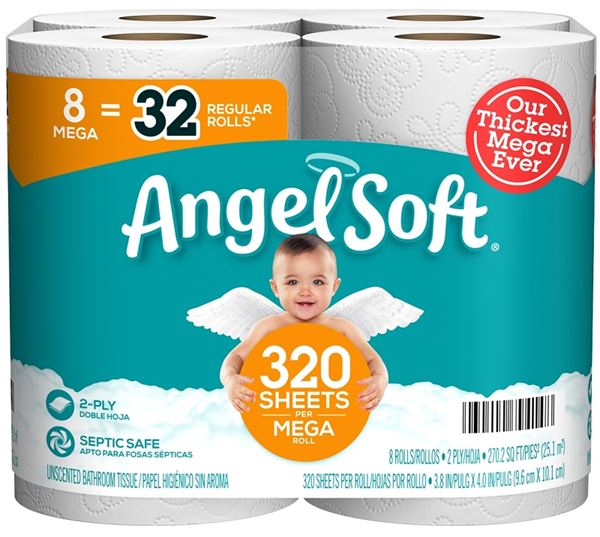 Angel Soft 79414 Toilet Tissue, 4 x 3.8 in Sheet, 1280 in L Roll, 2-Ply, Paper, Pack of 8