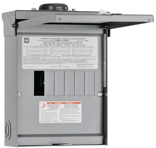 Square D Homeline HOM612L100RBCP Load Center, 100 A, 6 -Space, 12 -Circuit, Main Lug, NEMA 3R Enclosure, Gray